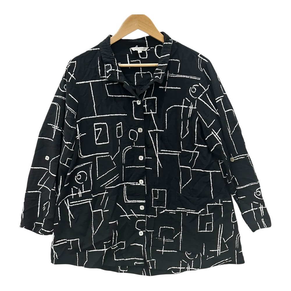 John Mark Black White Abstract Geometric Print Button Front Roll Tab Shirt Large